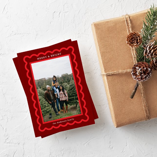 Red on Dark Red Simple Scallop Photo Frame Holiday Card (Creator Uploaded)