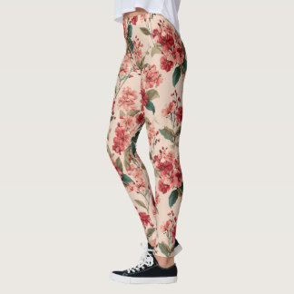 Red on Pink Hibiscus Floral  Leggings