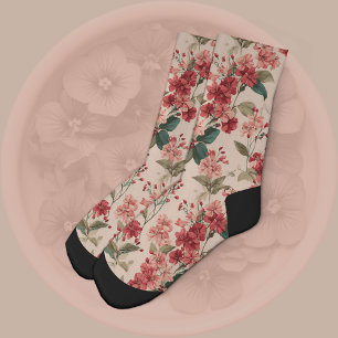 Red on Pink Hibiscus Floral  Socks