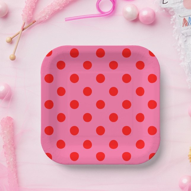 Red On Pink Polka Dots Pattern Design Paper Plate (Creator Uploaded)