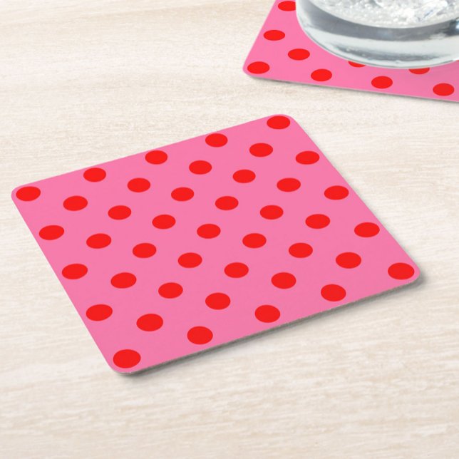 Red On Pink Polka Dots Pattern Design Square Paper Coaster (Creator Uploaded)