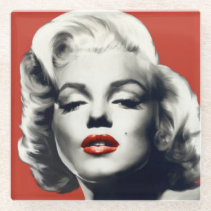 Red on Red Lips Marilyn Glass Coaster