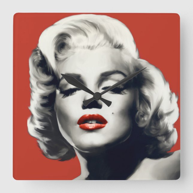 Red on Red Lips Marilyn Square Wall Clock (Front)