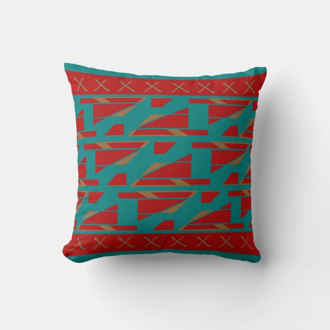 Red on Turquoise Bordered Mediterranean Panels Cushion (Front)