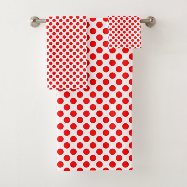 Red on White Medium Size Polka Dots Bath Towel Set (Insitu)