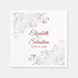 Red on White with Silver Frills Elegant Wedding Napkin