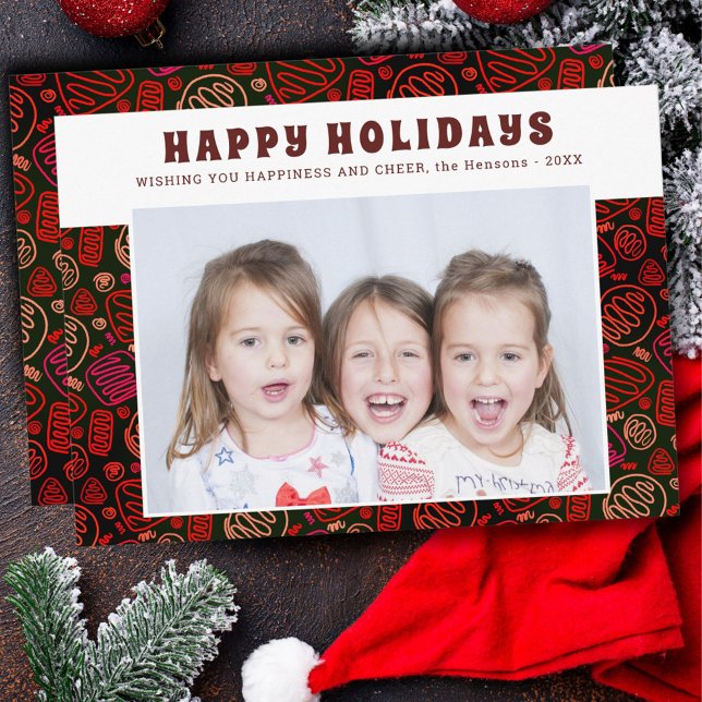 Red One Line Art Artistic Holidays Family Photo Holiday Card (Creator Uploaded)