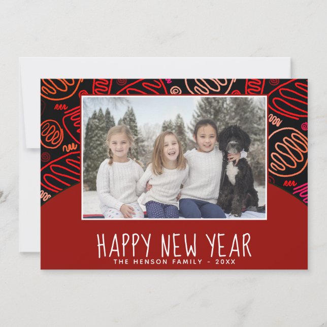 Red One Line Shapes Pattern Photo New Year Holiday Card (Front)