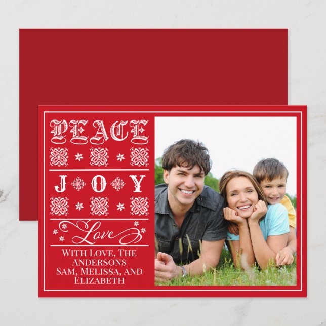 Red One Photo Peace, Joy, and Love Christmas Holiday Card (Front/Back)
