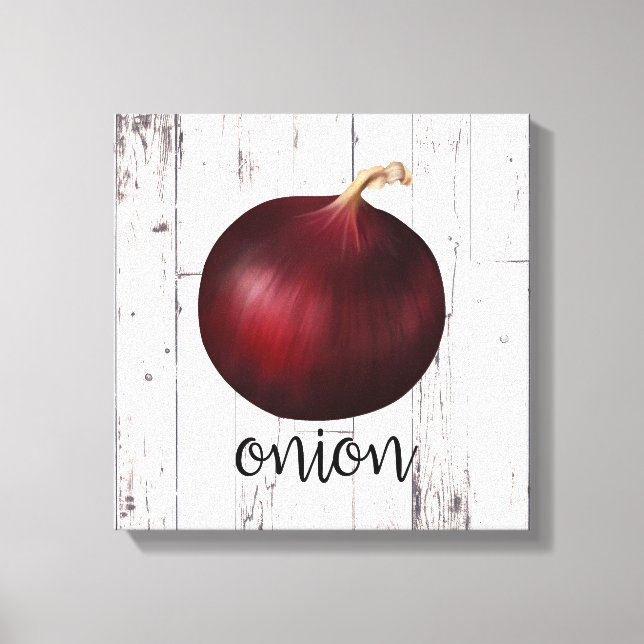 RED ONION White Wood Rustic Farmhouse Kitchen Art Canvas Print (Front)