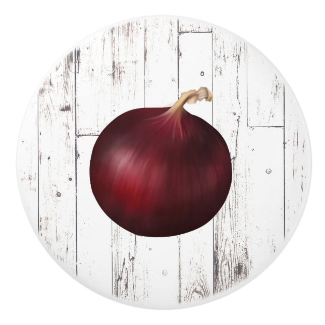 Red Onion White Wood Rustic Farmhouse Kitchen Ceramic Knob (Front)