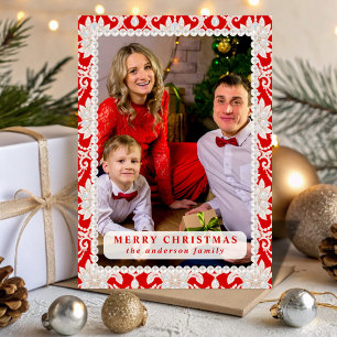Red Opal Pearl Lace Christmas Photo Holiday Card
