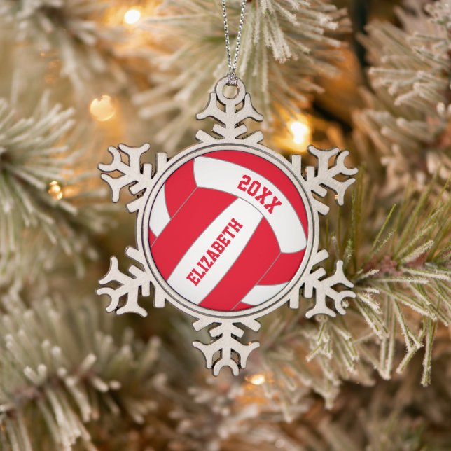 Red or ANY colour personalised girl's volleyball Snowflake Pewter Christmas Ornament (Tree)