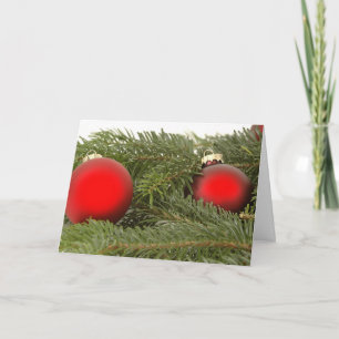 Red Oranaments on Pine Bough Christmas Card