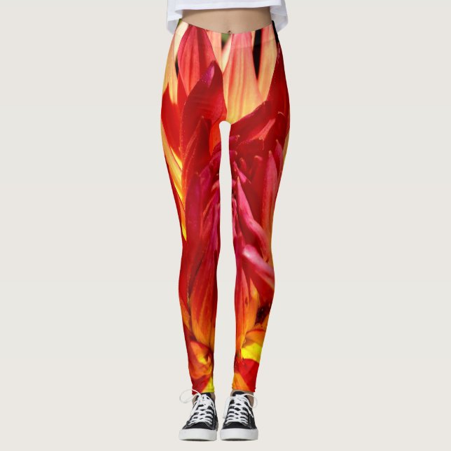 Red orange abstract flower pattern photography fun leggings (Front)