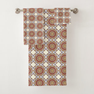 Red orange and gold circle geometric pattern bath towel set