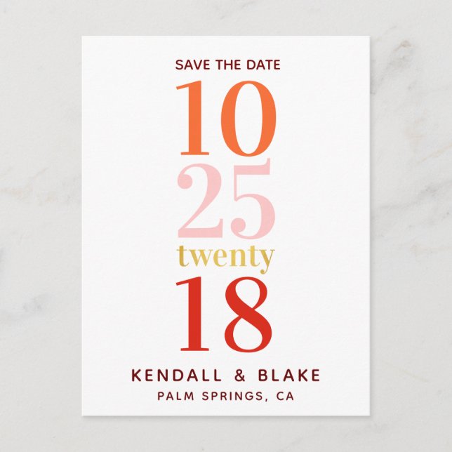 Red, Orange and Pink Minimalist Save the Date Announcement Postcard (Front)
