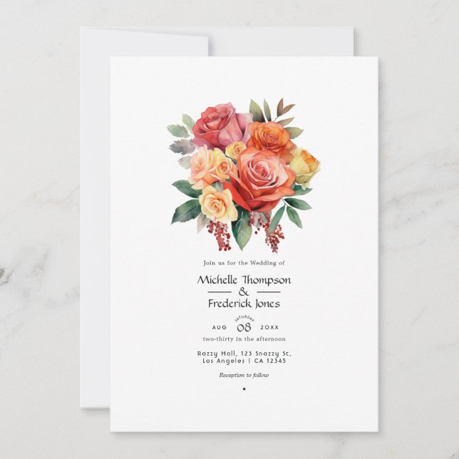 Red, Orange, and Sage Floral Wedding Invitation (Front)
