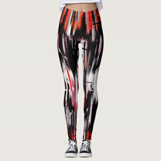 Red Orange Black White Abstract Painting Leggings (Front)