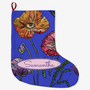 Red Orange Blue Poppy Poppies Floral Art Large Christmas Stocking
