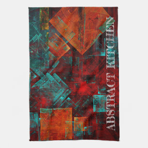 Red Orange Blue Squares Abstract Art Tea Towel
