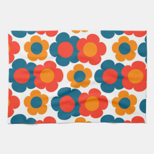 Red Orange Blue Tropical Floral Botanical Summer Tea Towel