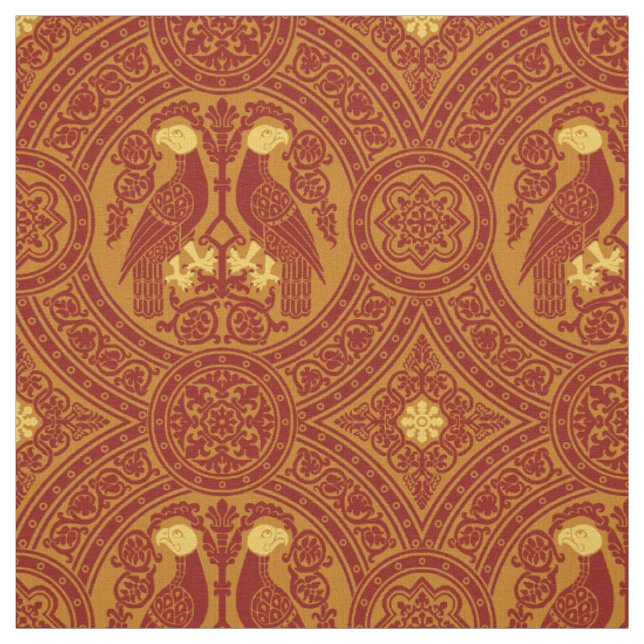 Red-Orange Byzantine Birds Fabric (Swatch)