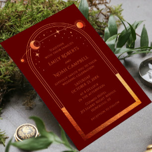 Red Orange Celestial Sun Moon Stars Photo Wedding Invitation