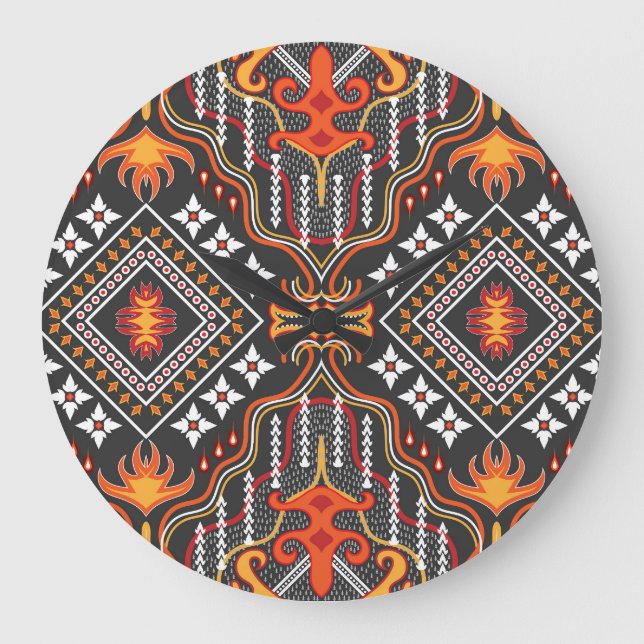 Red-Orange Central Asian: Traditional Motifs Large Clock (Front)
