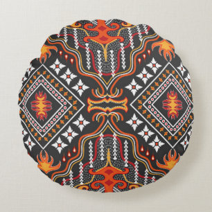 Red-Orange Central Asian: Traditional Motifs Round Cushion