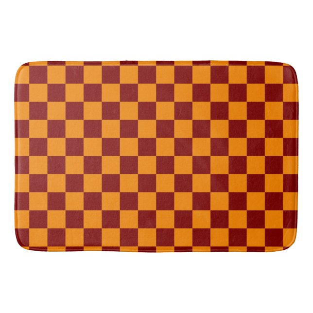 Red + Orange Check Chequered Chequerboard Pattern Bath Mat (Front)