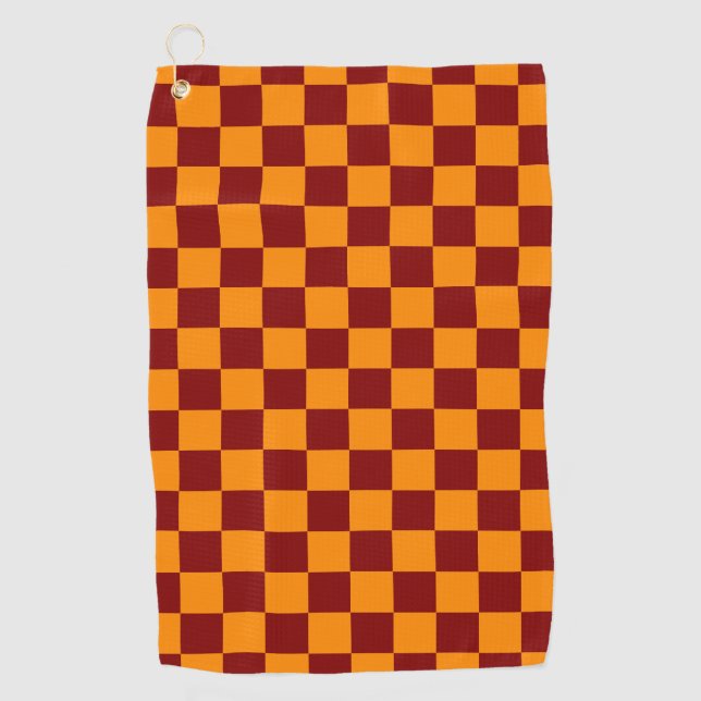 Red + Orange Check Chequered Chequerboard Pattern Golf Towel (Front)