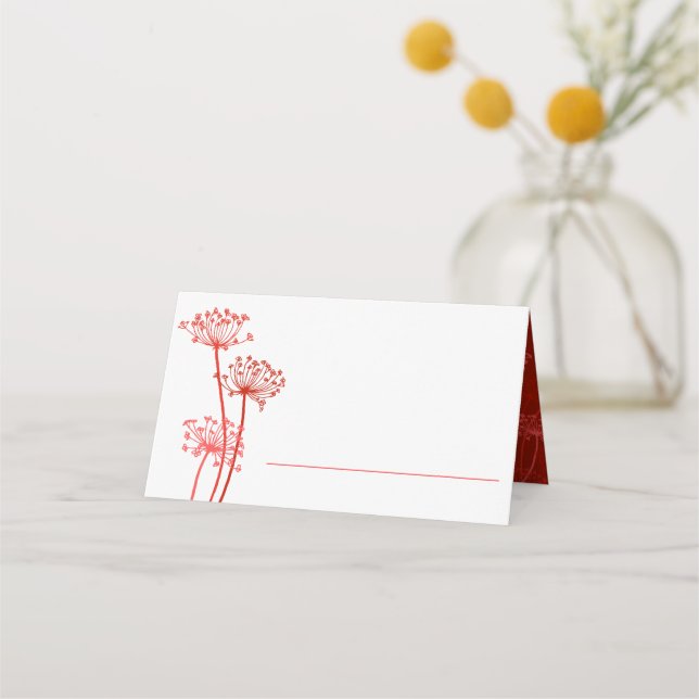 Red orange chervil inked art flower heads wedding place card (Front)