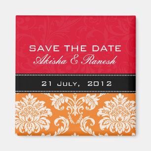 Red Orange Damask Save the Date Magnet