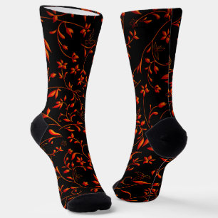 Red Orange Damasks On Black  Socks
