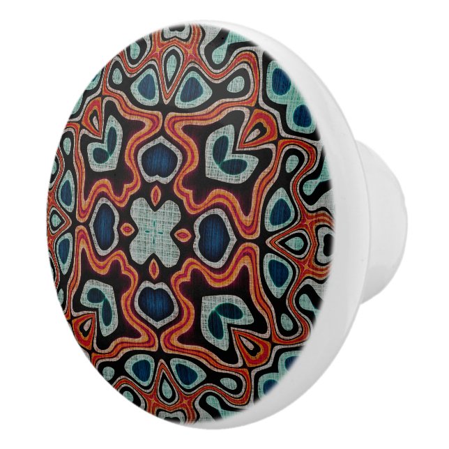 Red Orange Dark Teal Blue Ethnic Tribe Art Ceramic Knob (Right)