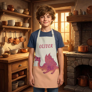 Red Orange Dragon Drawing Kid`s Name Apron