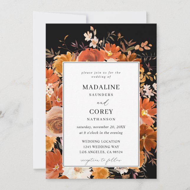 Red & Orange Fall Floral Wedding B - Black Invitation (Front)
