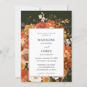 Red & Orange Fall Floral Wedding B - Green Invitation