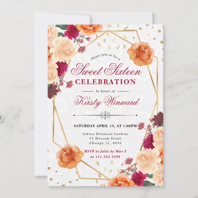 Red & Orange Fall Flowers Frame Sweet 16 Invitation (Front)