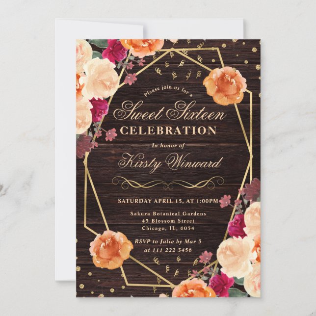 Red & Orange Fall Flowers Frame Sweet 16 Invitation (Front)