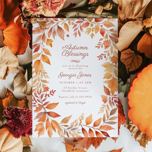 Red Orange Fall Leaf Autumn Blessings Baby Shower Invitation (Creator Uploaded)
