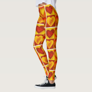 Red Orange Fiery Watercolor Art Heart Hearts Love Leggings