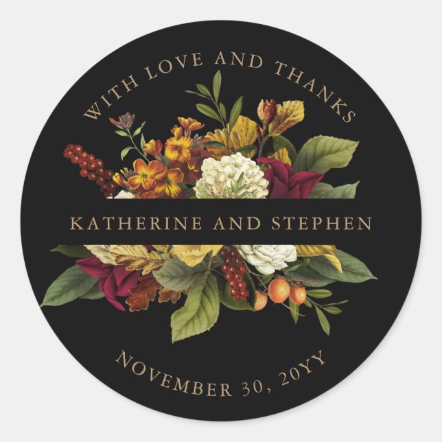 Red | Orange Floral Bouquet With Love and Thanks Classic Round Sticker (Front)