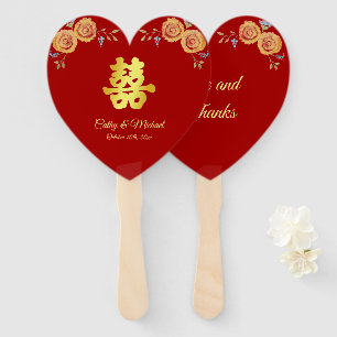 Red orange floral Chinese wedding double happiness Hand Fan