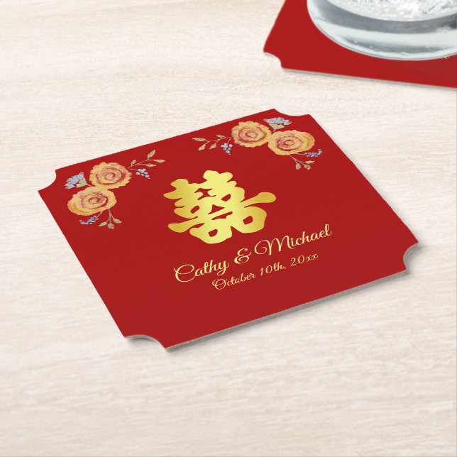 Red orange floral Chinese wedding double happiness Paper Coaster (Angled)