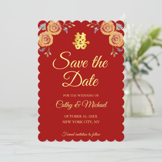Red orange floral Chinese wedding double happiness Save The Date (Standing Front)