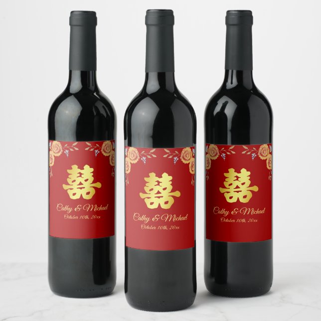 Red orange floral Chinese wedding double happiness Wine Label (Bottles)