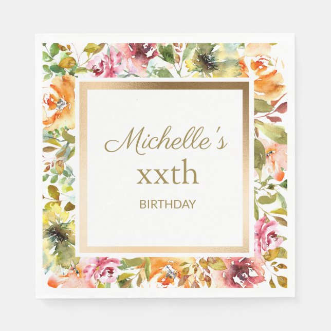 Red Orange Floral Green Leaves Gold Birthday Napkin (Front)