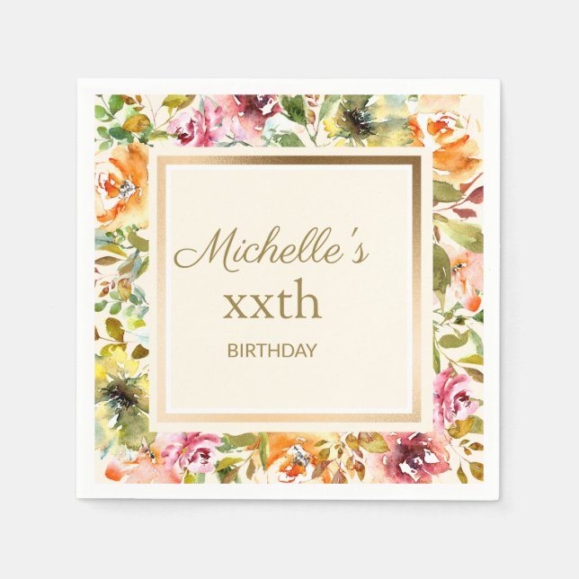 Red Orange Floral Green Leaves Gold Cream Birthday Napkin (Front)